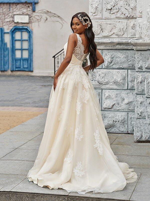 NumberSea - A - Line/Princess Tulle Applique V - neck Sleeveless Sweep/Brush Train Wedding Dresses