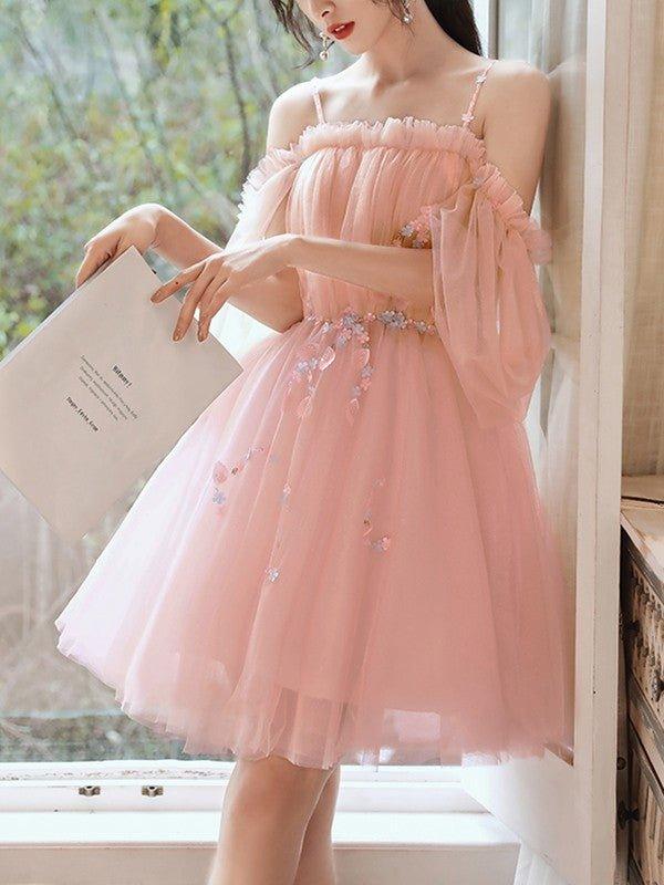 NumberSea - A - Line/Princess Tulle Beading Spaghetti Straps 1/2 Sleeves Short/Mini Dresses