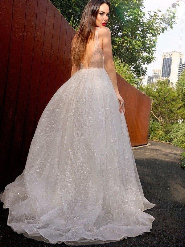 NumberSea - A - Line/Princess Tulle Beading Spaghetti Straps Sleeveless Sweep/Brush Train Dresses