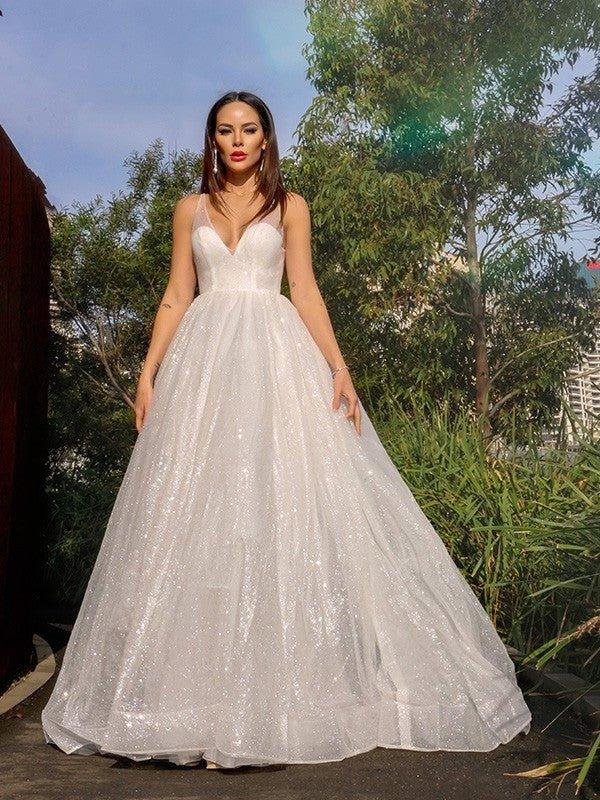 NumberSea - A - Line/Princess Tulle Beading Spaghetti Straps Sleeveless Sweep/Brush Train Dresses