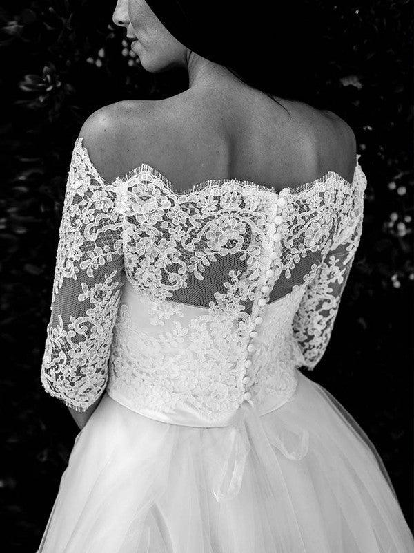 NumberSea - A - Line/Princess Tulle Lace Off - the - Shoulder 1/2 Sleeves Ankle - Length Wedding Dresses
