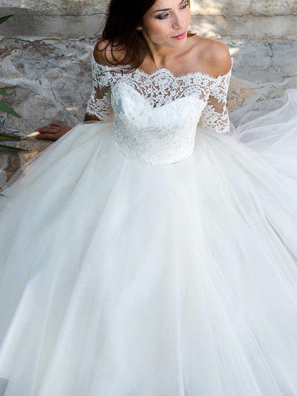 NumberSea - A - Line/Princess Tulle Lace Off - the - Shoulder 1/2 Sleeves Ankle - Length Wedding Dresses