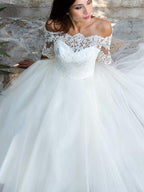 NumberSea - A - Line/Princess Tulle Lace Off - the - Shoulder 1/2 Sleeves Ankle - Length Wedding Dresses