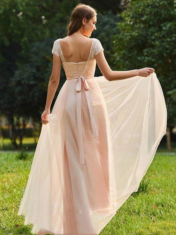 NumberSea - A - Line/Princess Tulle Lace Scoop Short Sleeves Floor - Length Bridesmaid Dresses
