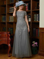 NumberSea - A - Line/Princess Tulle Lace Scoop Short Sleeves Floor - Length Mother of the Bride Dresses