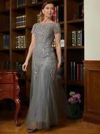 NumberSea - A - Line/Princess Tulle Lace Scoop Short Sleeves Floor - Length Mother of the Bride Dresses