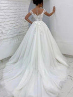 NumberSea - A - Line/Princess Tulle Lace Scoop Short Sleeves Sweep/Brush Train Wedding Dresses