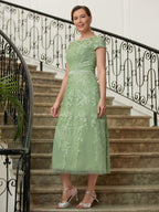 NumberSea - A - Line/Princess Tulle Lace Scoop Short Sleeves Tea - Length Mother of the Bride Dresses