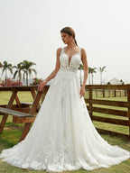 NumberSea - A - Line/Princess Tulle Lace Scoop Sleeveless Chapel Train Wedding Dresses