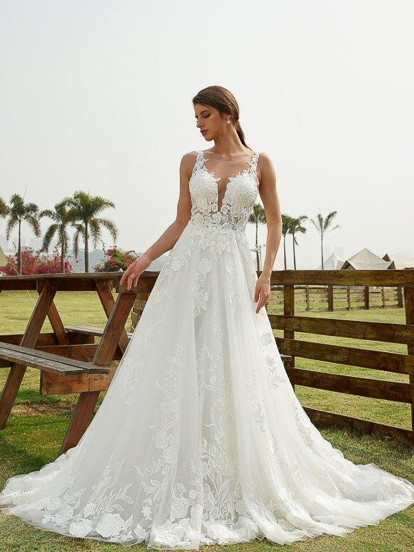NumberSea - A - Line/Princess Tulle Lace Scoop Sleeveless Chapel Train Wedding Dresses
