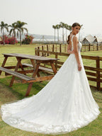 NumberSea - A - Line/Princess Tulle Lace Scoop Sleeveless Chapel Train Wedding Dresses