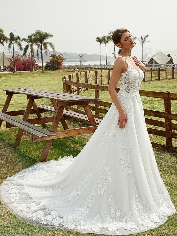 NumberSea - A - Line/Princess Tulle Lace Scoop Sleeveless Chapel Train Wedding Dresses