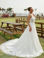 NumberSea - A - Line/Princess Tulle Lace Scoop Sleeveless Chapel Train Wedding Dresses