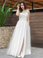 NumberSea - A - Line/Princess Tulle Lace Scoop Sleeveless Floor - Length Wedding Dresses