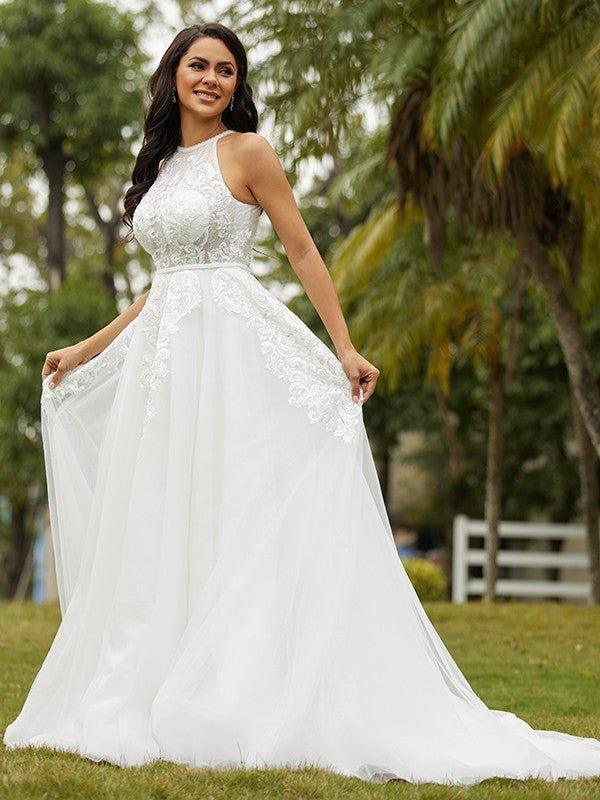 NumberSea - A - Line/Princess Tulle Lace Scoop Sleeveless Sweep/Brush Train Wedding Dresses