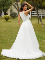 NumberSea - A - Line/Princess Tulle Lace Scoop Sleeveless Sweep/Brush Train Wedding Dresses