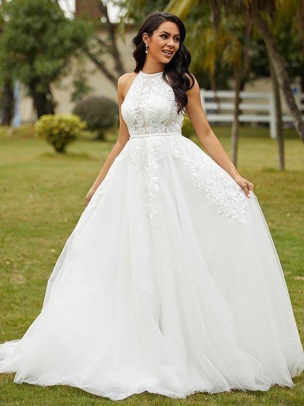 NumberSea - A - Line/Princess Tulle Lace Scoop Sleeveless Sweep/Brush Train Wedding Dresses
