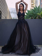 NumberSea - A - Line/Princess Tulle Lace Sweetheart Sleeveless Sweep/Brush Train Dresses