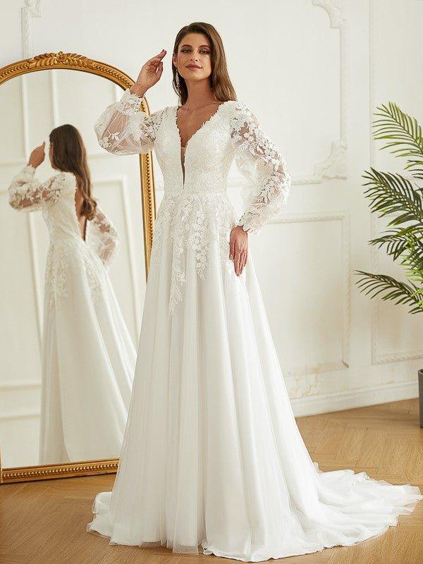 NumberSea - A - Line/Princess Tulle Lace V - neck Long Sleeves Court Train Wedding Dresses
