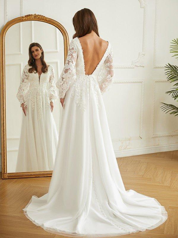 NumberSea - A - Line/Princess Tulle Lace V - neck Long Sleeves Court Train Wedding Dresses