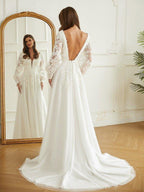 NumberSea - A - Line/Princess Tulle Lace V - neck Long Sleeves Court Train Wedding Dresses