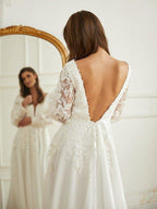 NumberSea - A - Line/Princess Tulle Lace V - neck Long Sleeves Court Train Wedding Dresses