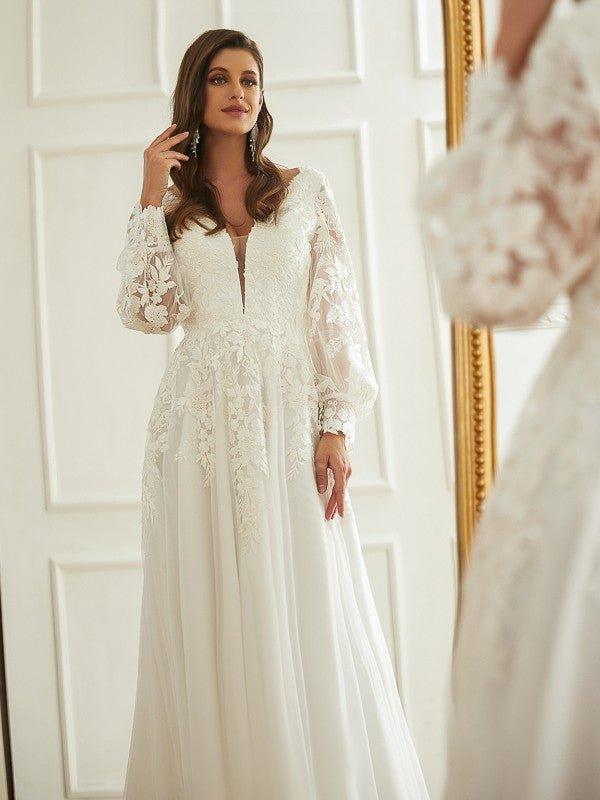 NumberSea - A - Line/Princess Tulle Lace V - neck Long Sleeves Court Train Wedding Dresses