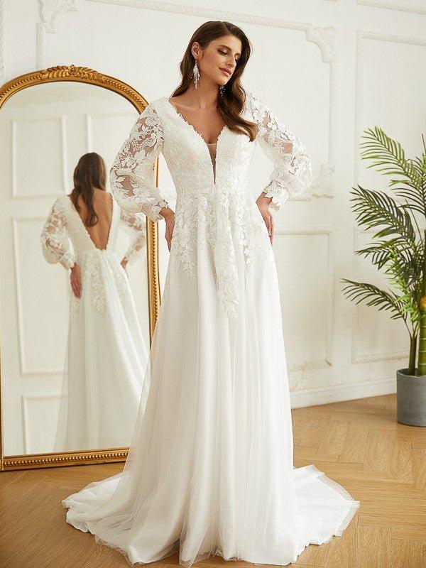 NumberSea - A - Line/Princess Tulle Lace V - neck Long Sleeves Court Train Wedding Dresses