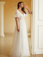 NumberSea - A - Line/Princess Tulle Lace V - neck Short Sleeves Floor - Length Wedding Dresses