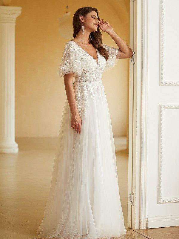 NumberSea - A - Line/Princess Tulle Lace V - neck Short Sleeves Floor - Length Wedding Dresses
