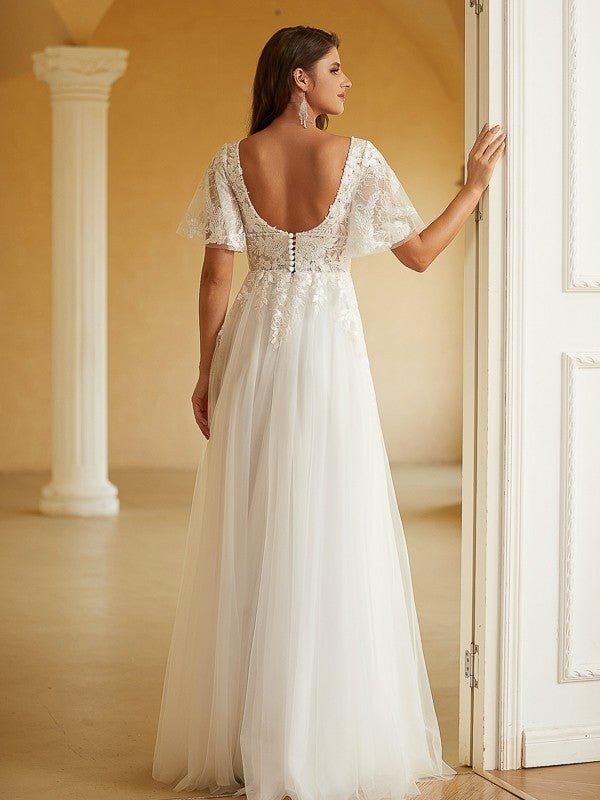 NumberSea - A - Line/Princess Tulle Lace V - neck Short Sleeves Floor - Length Wedding Dresses