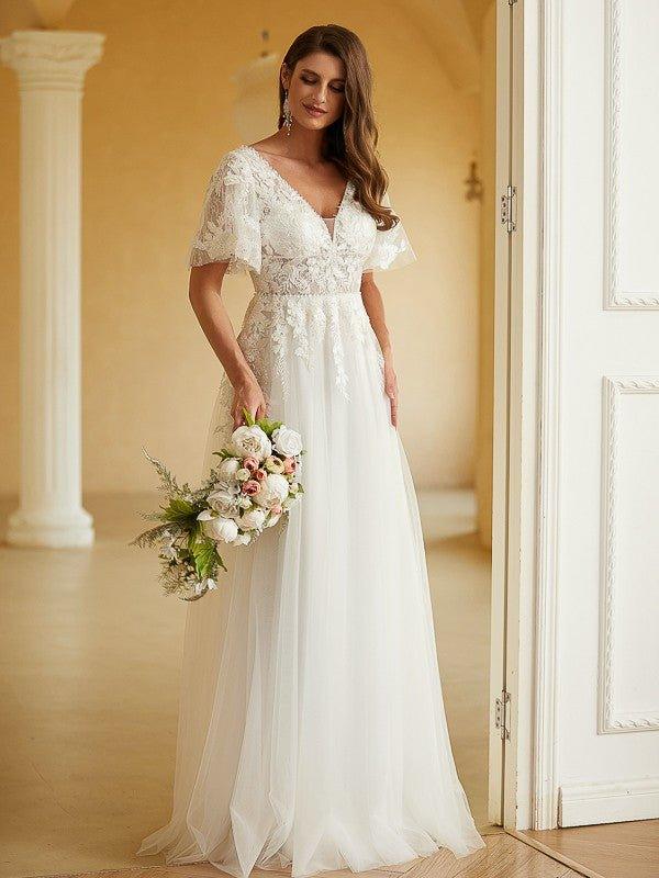 NumberSea - A - Line/Princess Tulle Lace V - neck Short Sleeves Floor - Length Wedding Dresses
