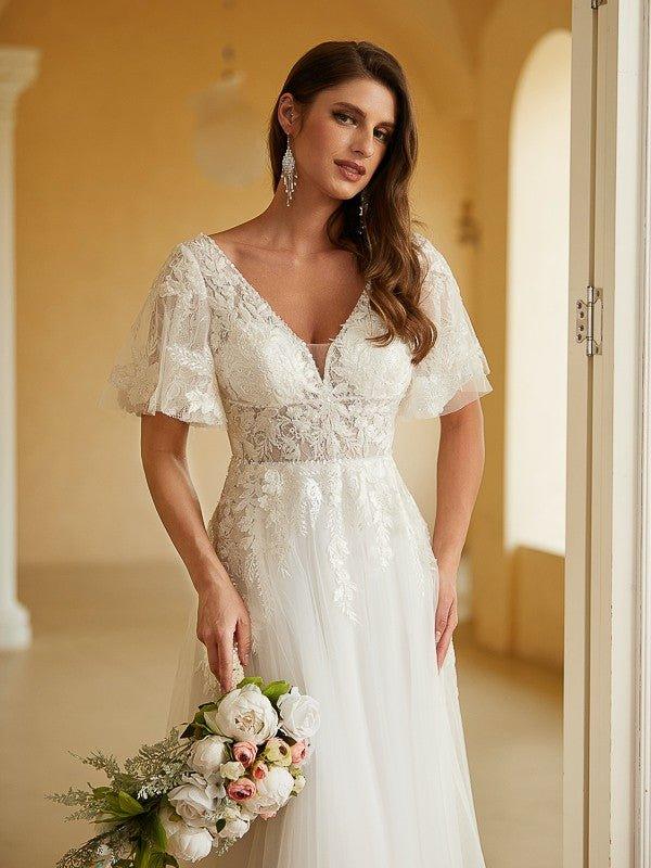 NumberSea - A - Line/Princess Tulle Lace V - neck Short Sleeves Floor - Length Wedding Dresses