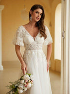 NumberSea - A - Line/Princess Tulle Lace V - neck Short Sleeves Floor - Length Wedding Dresses