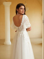 NumberSea - A - Line/Princess Tulle Lace V - neck Short Sleeves Floor - Length Wedding Dresses