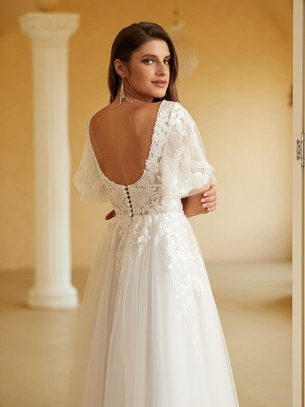 NumberSea - A - Line/Princess Tulle Lace V - neck Short Sleeves Floor - Length Wedding Dresses
