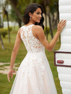 NumberSea - A - Line/Princess Tulle Lace V - neck Sleeveless Court Train Wedding Dresses