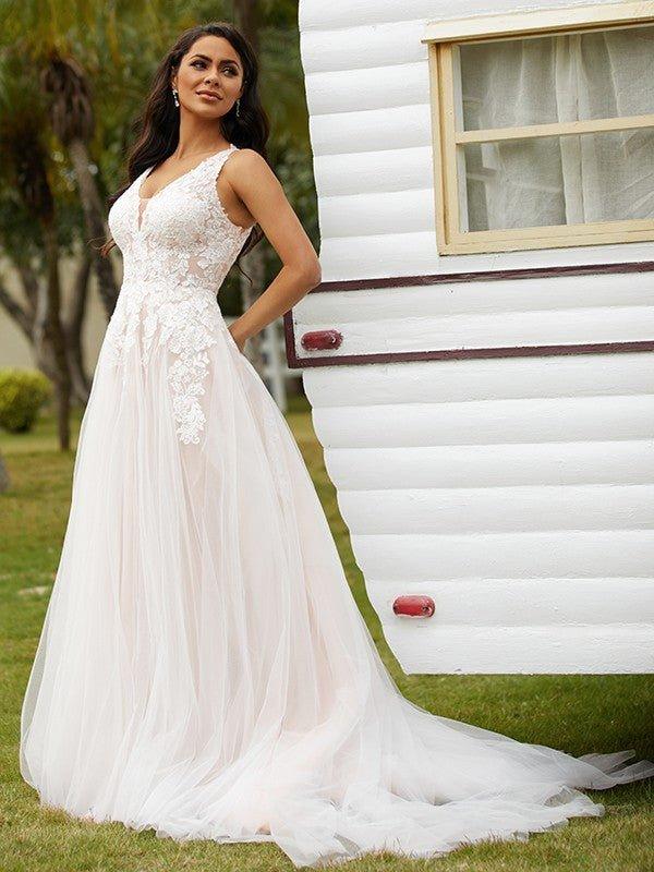 NumberSea - A - Line/Princess Tulle Lace V - neck Sleeveless Court Train Wedding Dresses