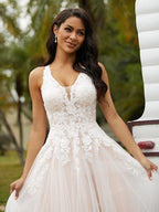 NumberSea - A - Line/Princess Tulle Lace V - neck Sleeveless Court Train Wedding Dresses