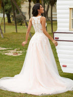 NumberSea - A - Line/Princess Tulle Lace V - neck Sleeveless Court Train Wedding Dresses