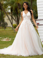 NumberSea - A - Line/Princess Tulle Lace V - neck Sleeveless Court Train Wedding Dresses