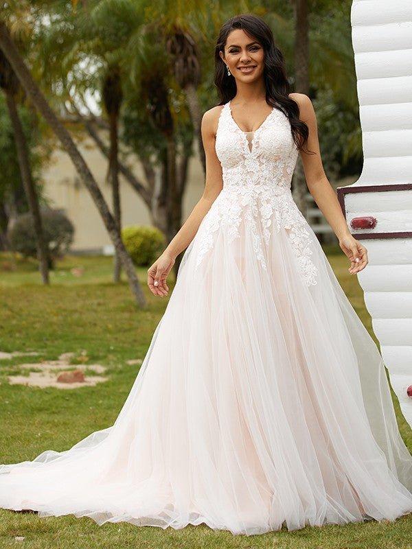 NumberSea - A - Line/Princess Tulle Lace V - neck Sleeveless Court Train Wedding Dresses