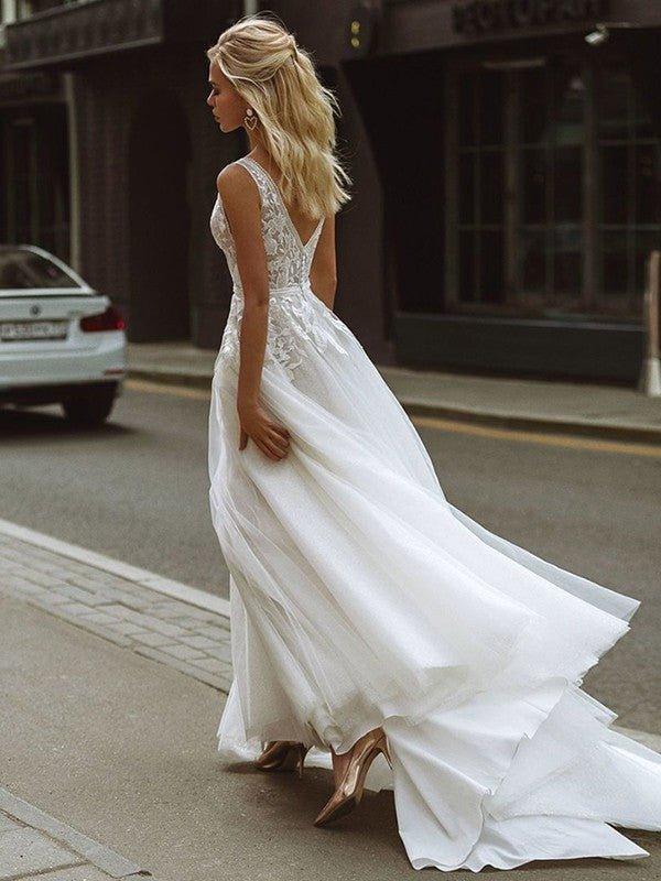 NumberSea - A - Line/Princess Tulle Lace V - neck Sleeveless Sweep/Brush Train Wedding Dresses