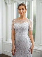 NumberSea - A - Line/Princess Tulle Ruched Bateau Short Sleeves Ankle - Length Mother of the Bride Dresses