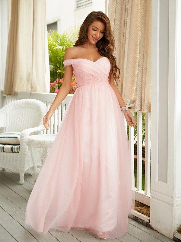 NumberSea - A - Line/Princess Tulle Ruched Off - the - Shoulder Sleeveless Floor - Length Dresses