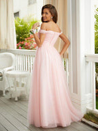 NumberSea - A - Line/Princess Tulle Ruched Off - the - Shoulder Sleeveless Floor - Length Dresses