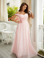 NumberSea - A - Line/Princess Tulle Ruched Off - the - Shoulder Sleeveless Floor - Length Dresses