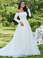 NumberSea - A - Line/Princess Tulle Ruffles Off - the - Shoulder Long Sleeves Sweep/Brush Train Wedding Dresses