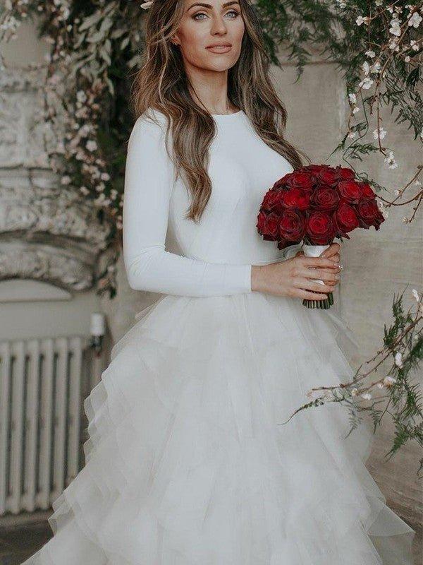 NumberSea - A - Line/Princess Tulle Ruffles Scoop Long Sleeves Sweep/Brush Train Wedding Dresses