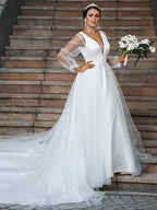 NumberSea - A - Line/Princess Tulle Ruffles V - neck Long Sleeves Court Train Wedding Dresses